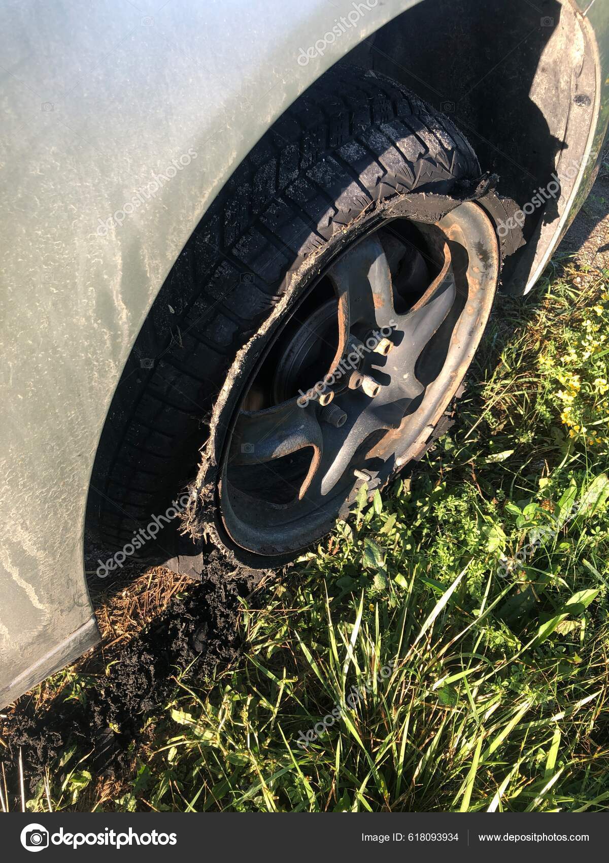 Destroyed Blown Out Tire Exploded Shredded Damaged Rubber Modern Suv