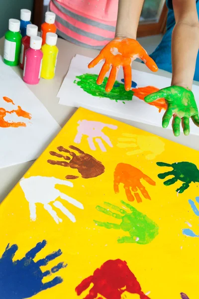 Close Paint Covered Hands Colorful Handprints Papers — Stock Photo, Image