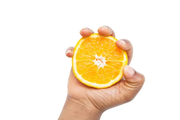 Cropped Shot Hand Holding Sliced Pulpy Orange White Background — Stock Photo, Image