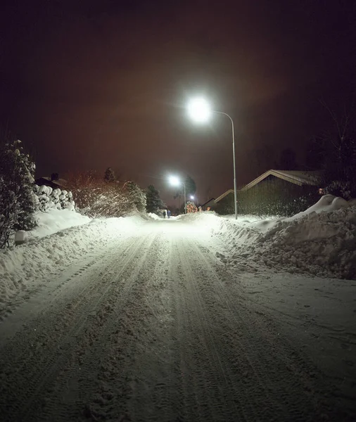 Rua Coberta Neve Noite — Fotografia de Stock