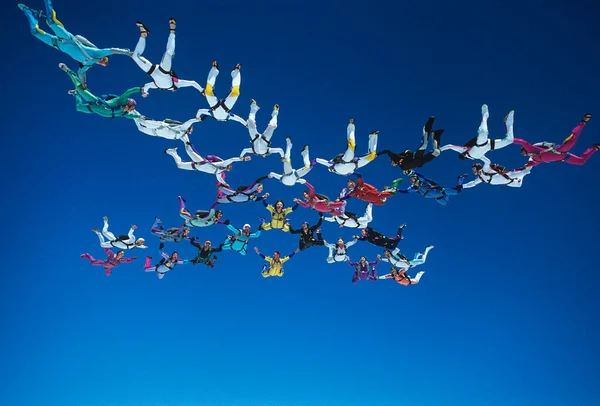 手を取り空を飛ぶスカイダイバーの低角度ビュー 青い澄んだ空 — ストック写真