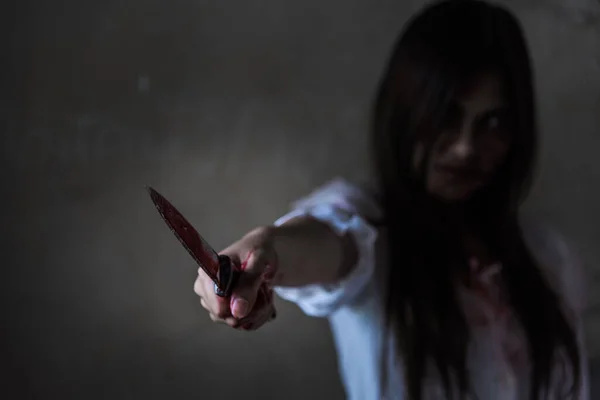 Portrait Zombie Ghost Woman Holding Point Knife — Stock Photo, Image