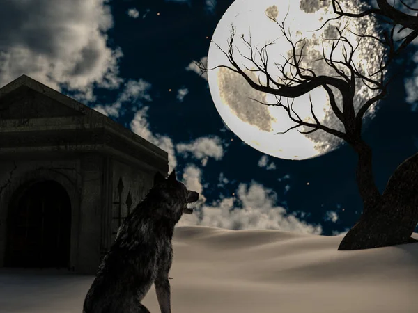 Illustration of a wolf during the full moon in winter with a creepy tree and an old crypt