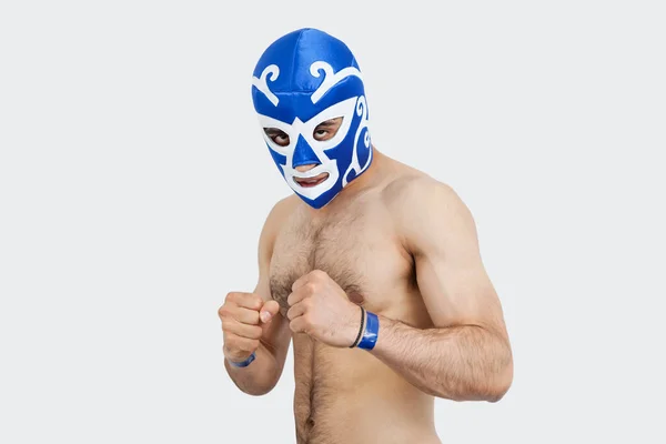 Portrait Young Shirtless Male Wrestler Wearing Wrestling Mask Gray Background — Stock Photo, Image