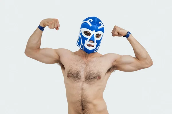 Portrait Shirtless Man Wrestling Mask Flexing Muscles Gray Background — Stock Photo, Image