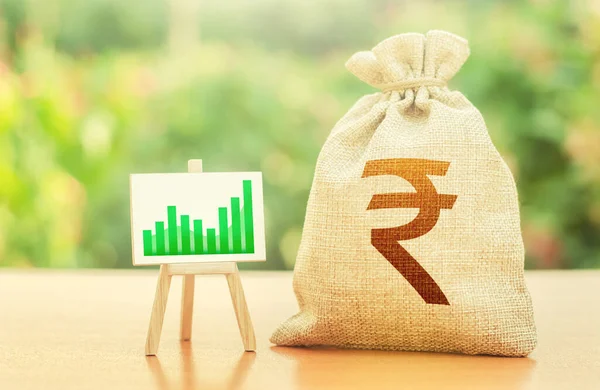 Indian Rupee Money Bag Easel Green Positive Growth Graph Economic — Stock Photo, Image