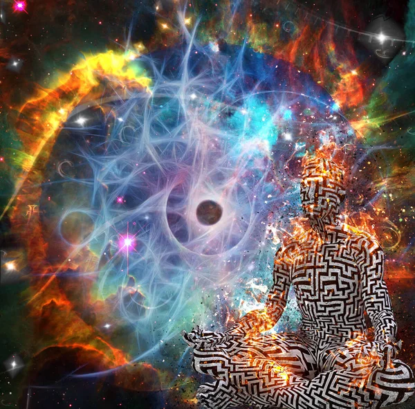Abstract Surreal Cosmos Illustration Human Meditating Space — Stock Photo, Image