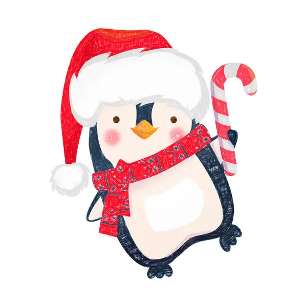 Pingouin Avec Bonbons Noël Sur Fond Blanc — Photo