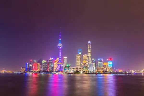 Illuminated Panoramic Shanghai Skyline Night Lujiazui Financial District Huangpu River — Stock Photo, Image