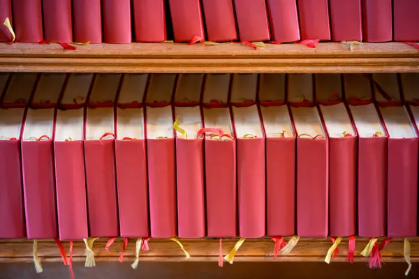 Stack Red Bible Books Church Sweden Europe — Stock Photo, Image