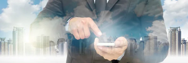 Double Exposure Businessman Using Smart Phone Cityscape — Stock Photo, Image