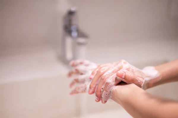 Woman Use Soap Washing Hands Water Tap —  Fotos de Stock