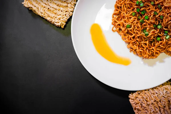 Korean Spicy Hot Instant Noodles Black Background — Stockfoto