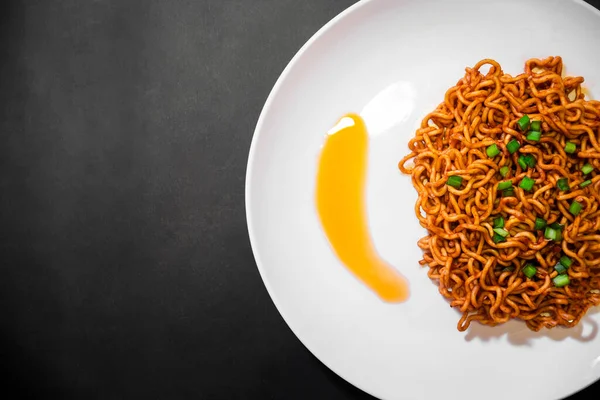 Korean Spicy Hot Instant Noodles Black Background — Photo