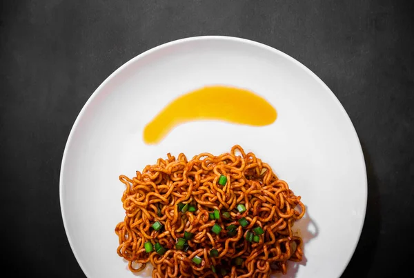 Korean Spicy Hot Instant Noodles Black Background — Stockfoto