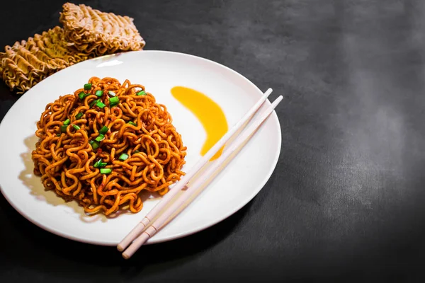Korean Spicy Hot Instant Noodles Black Background — стоковое фото