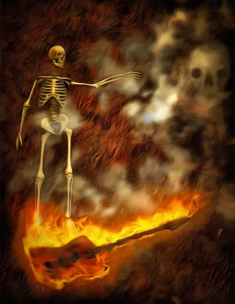 Skelett Auf Brennender Bassgitarre — Stockfoto