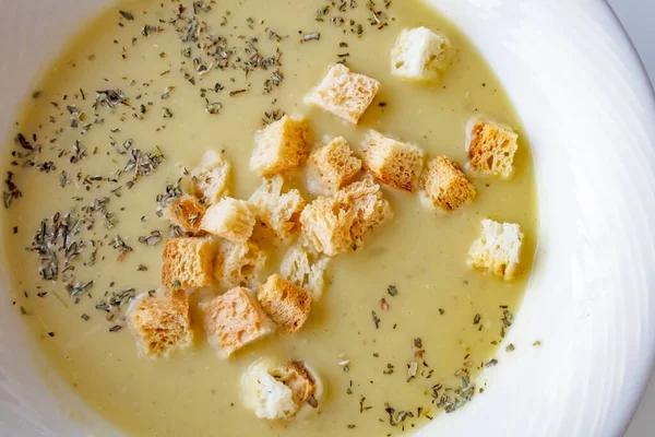 Hot Soup Crunchy Bread Thyme — Stock Photo, Image