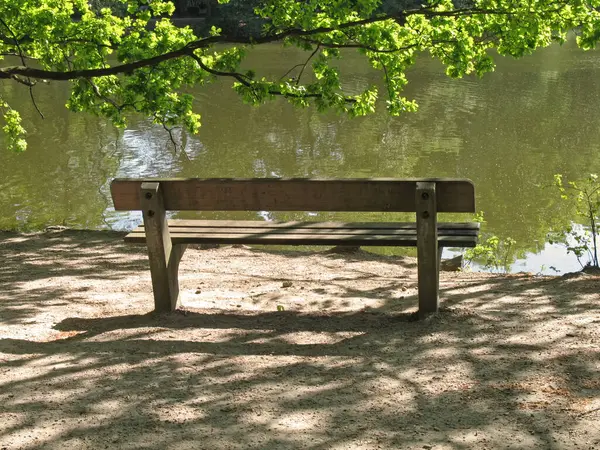 湖附近的公园长凳 — 图库照片