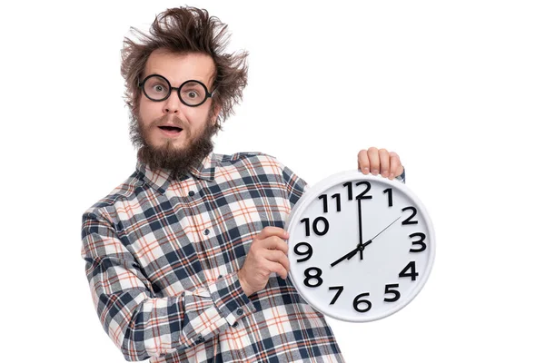 Homme Barbu Fou Avec Une Grande Horloge — Photo