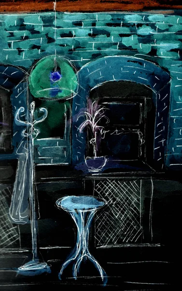 Эскиз Интерьера Кафе Ручной Рисунок Темные Цвета — стоковое фото