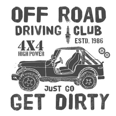 Tişört tasarımı, arazi aracı grafikleri olan off-road sürücü kulübü. 