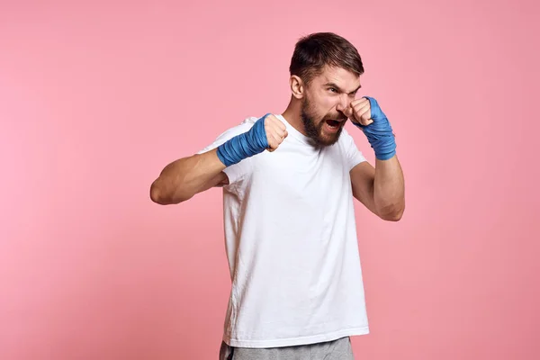 Sporty Man White Shirt Boxing Bandages Hands Workout Lifestyle Pink — Stock Photo, Image