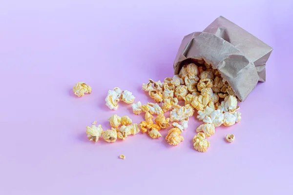 Paper Cup Popcorn Pink Surface Nearby Glasses Remote Control Watching — Stock Photo, Image