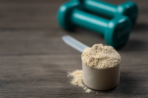 Whey Protein Powder Scoop Dumbbells Sports Drink Nutrit — Stock Photo, Image