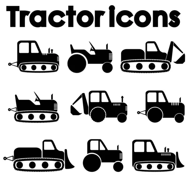 Cut Out Black Various Tractor Construction Machinery Icon Set Isolated — Stockfoto