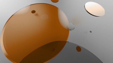 Orange metal and opaque circles and cylinders on colored background. Abstract background for graphic design with transparent glass shapes. 3d render illustration