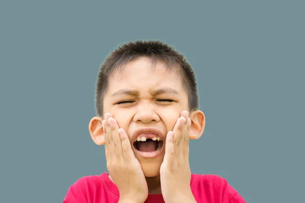 Chłopiec Ból Zęba Szarym Tle — Zdjęcie stockowe