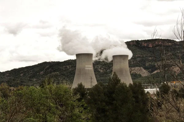Smoking Chimneys Nuclear Power Plant Mountains — Stock Photo, Image