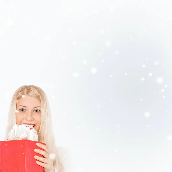 Happy Woman Holding Christmas Gifts Snow Background — Stock Photo, Image