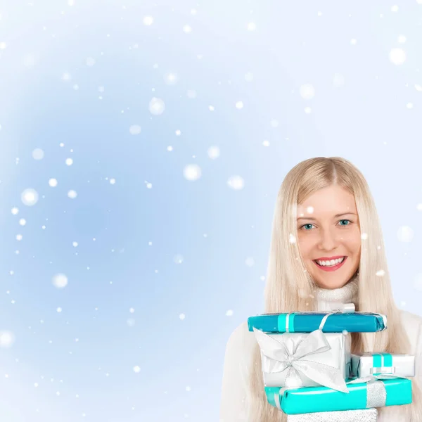 Happy Woman Holding Christmas Gifts Blue Background — Stock Photo, Image