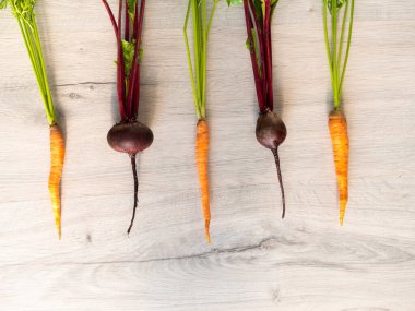 Yıkanmış taze pancar ve havuç. Düzen, üst görünüm