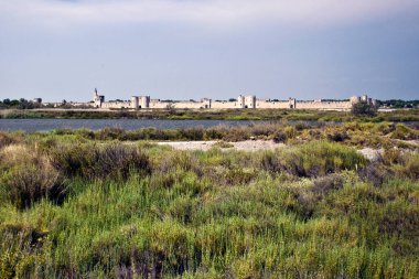 Aigues Mortes manzaralı, Occitania bölgesi, güney Fransa 