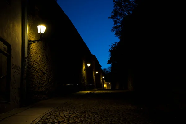 夜间街况 街灯及石路 — 图库照片