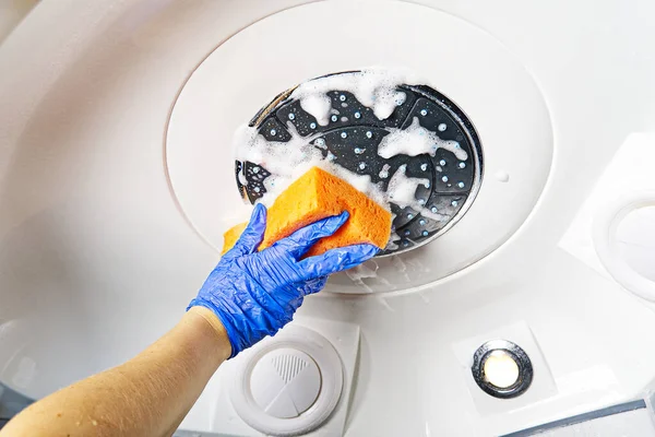 Cleaning Shower Steam Cabins Calcium Deposits Cleaning Bathroom Hand Gloves — Stock Photo, Image