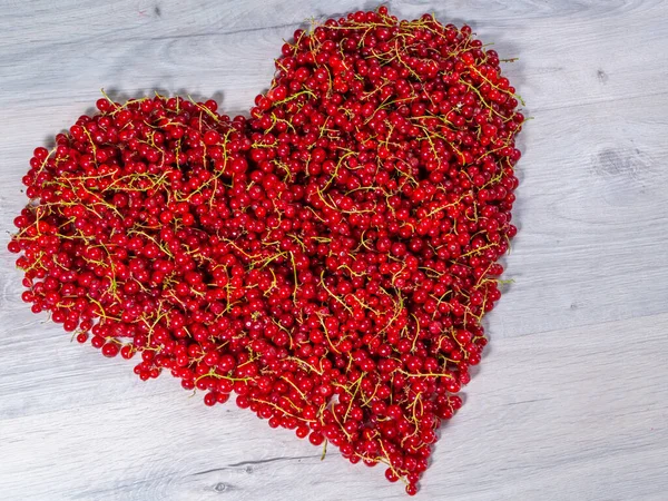 Kırmızı Frenk Üzümleri Çalılıktan Toplandı Kalp Şeklinde Bir Yığın Halinde — Stok fotoğraf