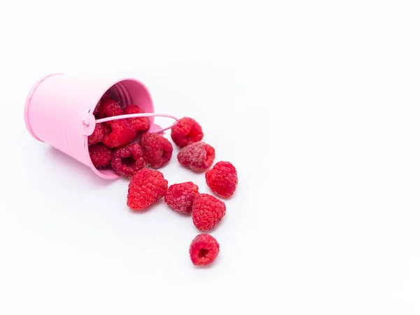 Red Ripe Raspberries Falling Out Pink Bucket White Background — Stock Photo, Image