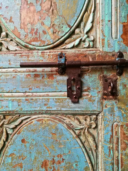 Morroccan Vintage Kovový Zámek Klíč Modré Staré Dveře — Stock fotografie