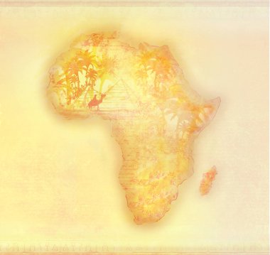grunge kahverengi Afrika haritası, piramitler, deve ve ve palmiye ağaçları