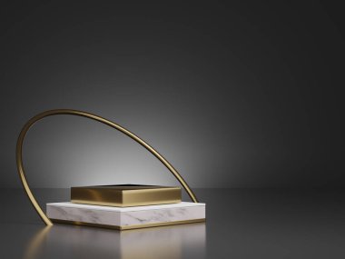 3d render of gold and white marble pedestal steps with golden ring
