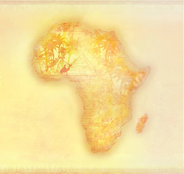 Grunge Braune Karte Von Afrika Pyramiden Kamelen Und Palmen — Stockfoto