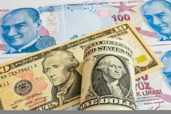 Amerikaanse Dollar Turkse Lire Bankbiljetten — Stockfoto
