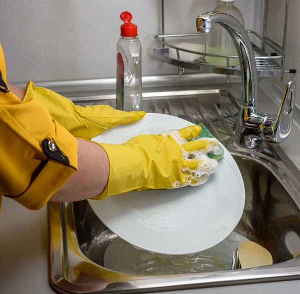 Woman Gloves Washes Dishes Only Her Hands — Stock Photo, Image