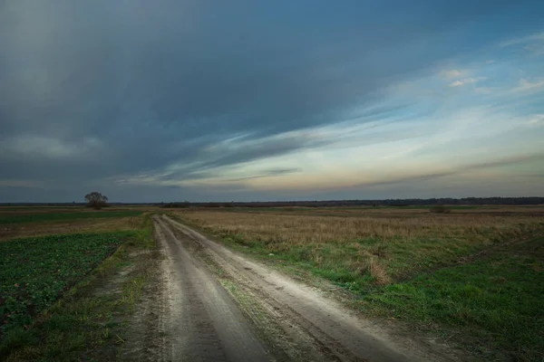 沙地公路穿过田野和黄昏的云彩 — 图库照片