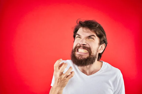 Bearded Man Gesturing Hands White Shirt Emotions Facial Expression Aggression — Stock Photo, Image