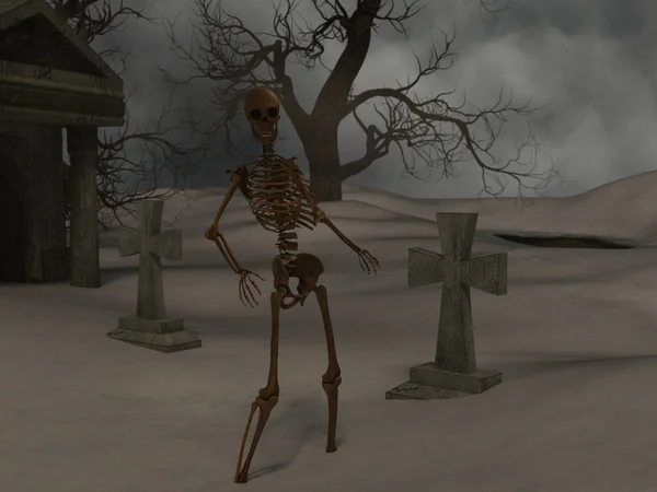 Ürkütücü Bir Gecede Yürüyen Iskelet Bir Mezarın Yanında — Stok fotoğraf